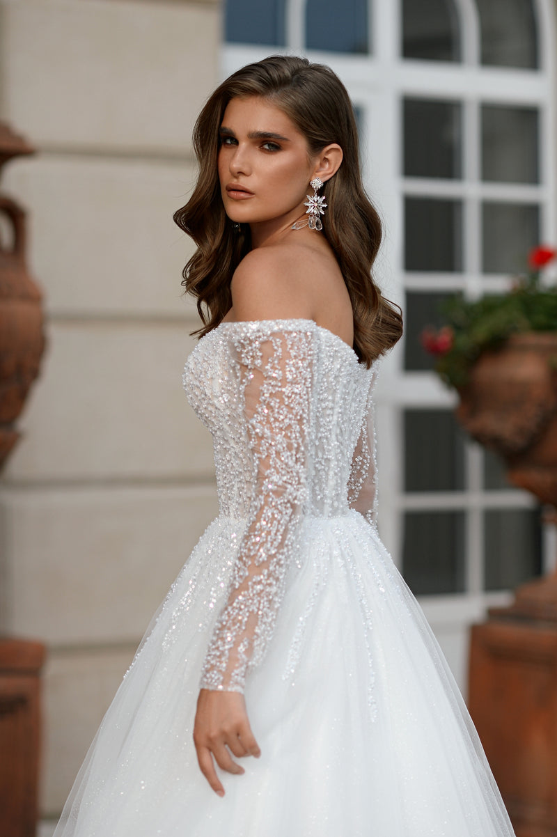Amour Étoilé Gown: Off-Shoulder Sweetheart A-Line Glitter Wedding Dress