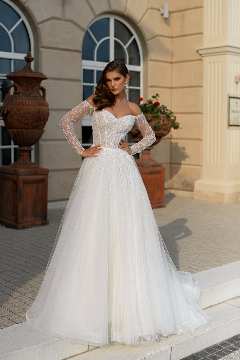 Amour Étoilé Gown: Off-Shoulder Sweetheart A-Line Glitter Wedding Dress