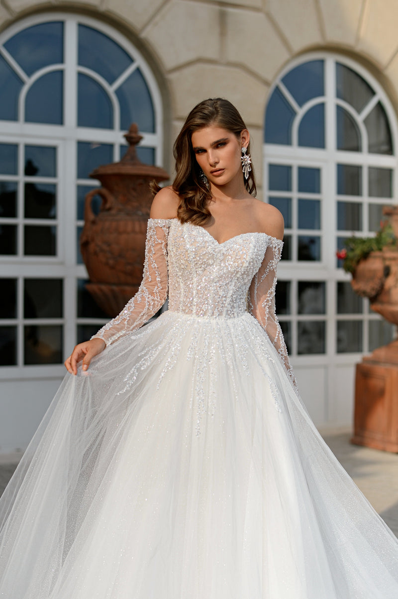 Amour Étoilé Gown: Off-Shoulder Sweetheart A-Line Glitter Wedding Dress