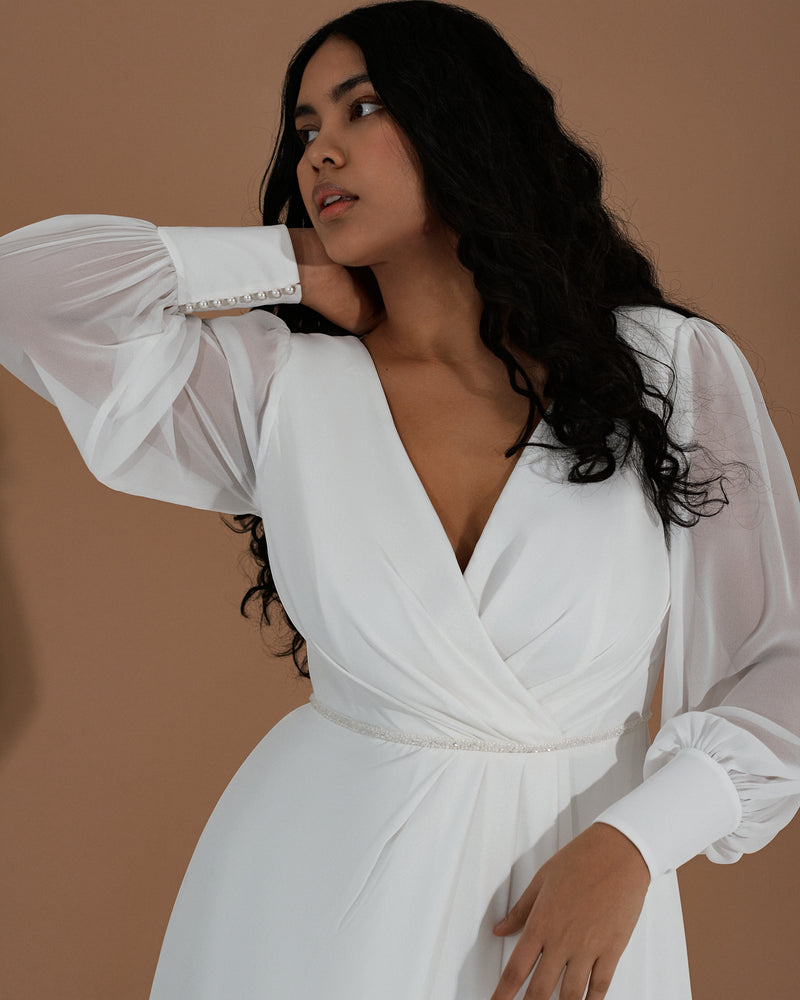 Classy Long Sleeve A-Line Wrap Minimalist Wedding Dress HAREM's Brides Classy Long Sleeve A-Line Wrap Minimalist Wedding Dress HAREM's Brides