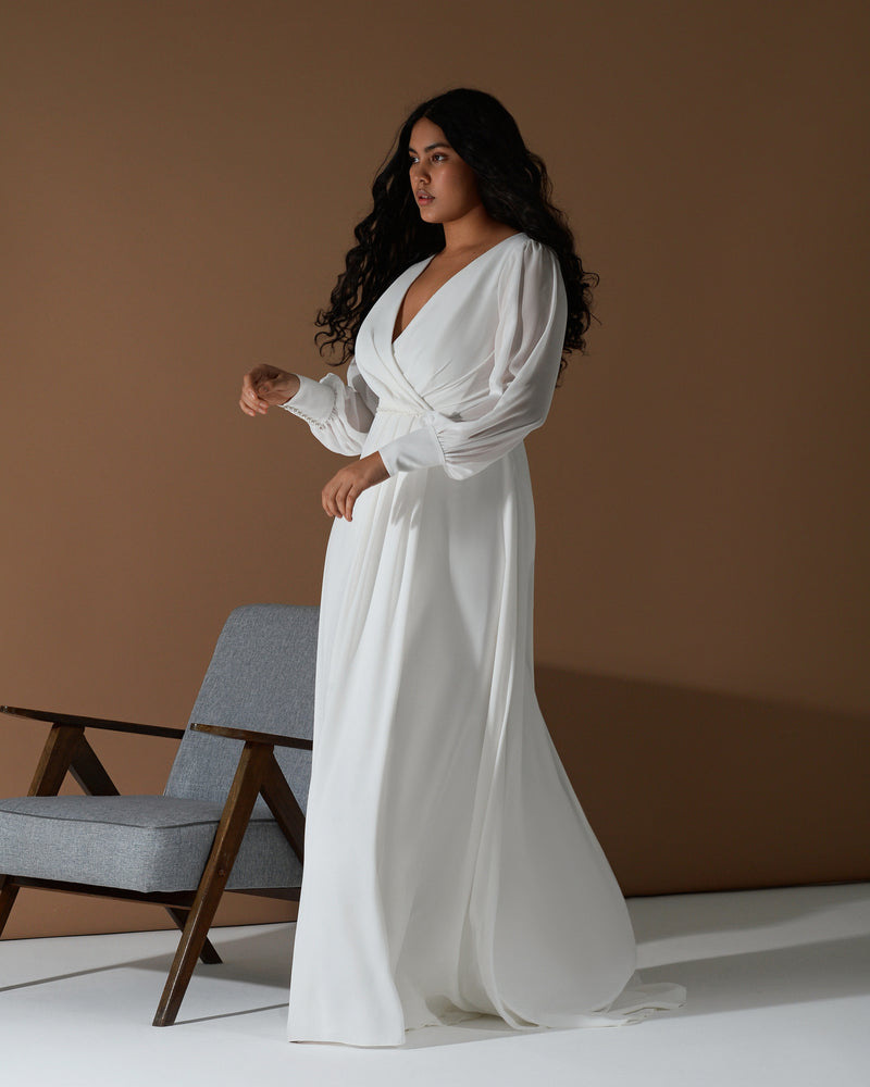 Classy Long Sleeve A-Line Wrap Minimalist Wedding Dress HAREM's Brides Classy Long Sleeve A-Line Wrap Minimalist Wedding Dress HAREM's Brides