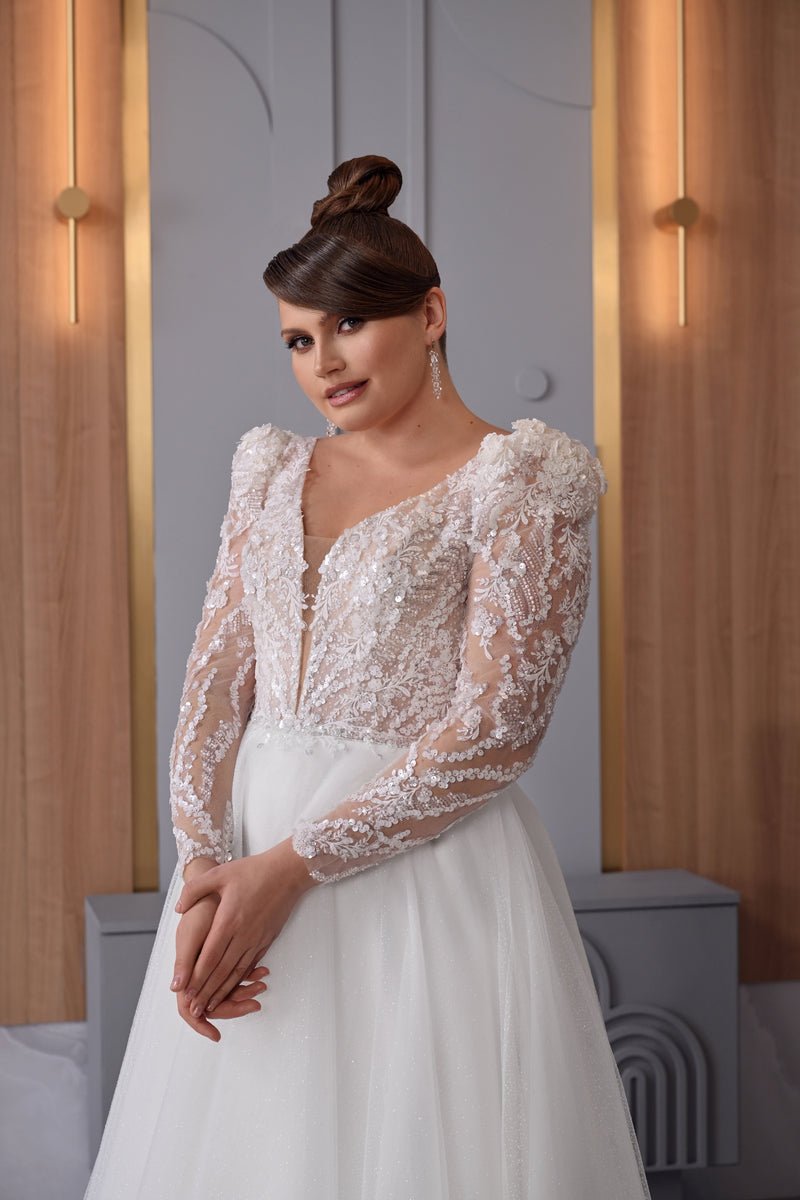 Sheer Long Sleeve A-Line Plus Size Sparkling Wedding Dresses – HAREM's Brides Sheer Long Sleeve A-Line Plus Size Sparkling Wedding Dresses – HAREM's Brides