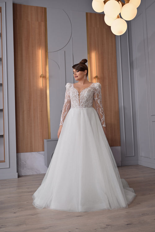 Sheer Long Sleeve A-Line Plus Size Sparkling Wedding Dresses