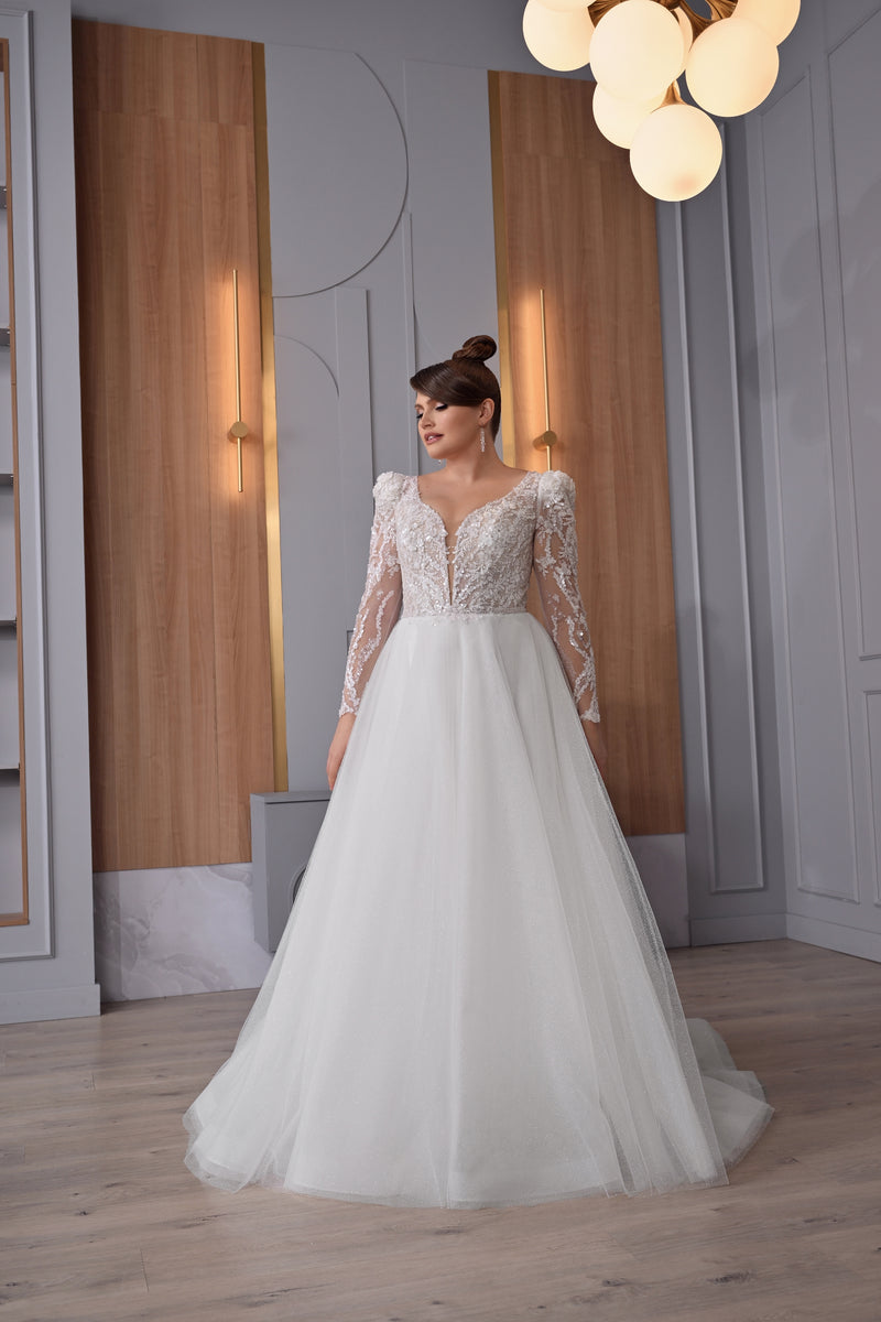 Sheer Long Sleeve A-Line Plus Size Sparkling Wedding Dresses HAREM's Brides Sheer Long Sleeve A-Line Plus Size Sparkling Wedding Dresses HAREM's Brides
