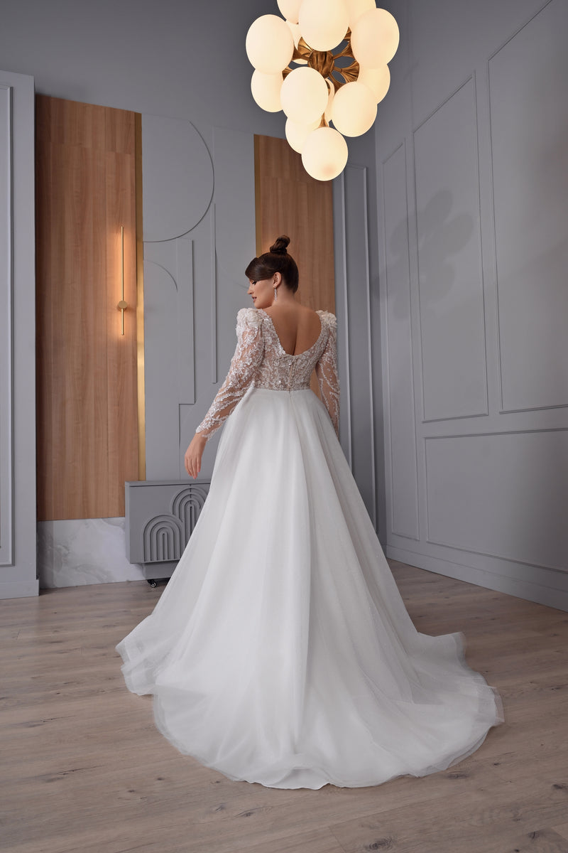 Sheer Long Sleeve A-Line Plus Size Sparkling Wedding Dresses