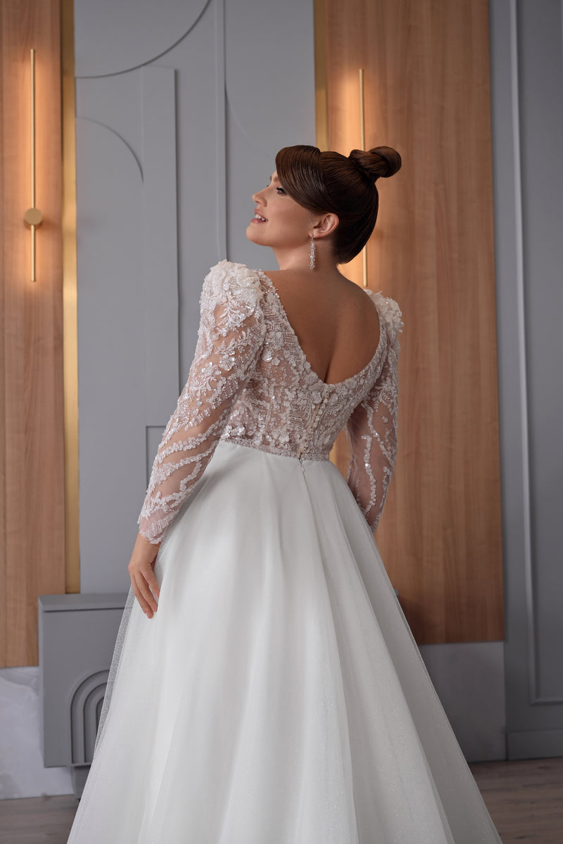 Sheer Long Sleeve A-Line Plus Size Sparkling Wedding Dresses