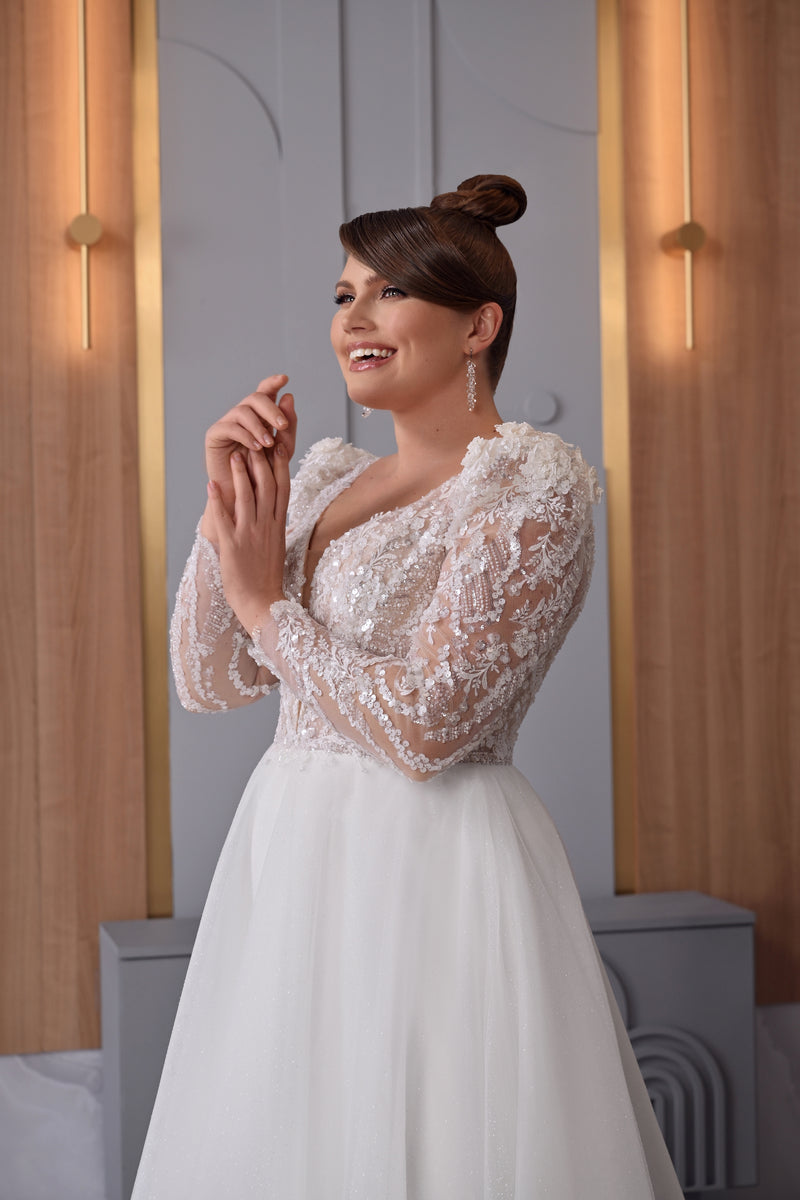 Sheer Long Sleeve A-Line Plus Size Sparkling Wedding Dresses HAREM's Brides Sheer Long Sleeve A-Line Plus Size Sparkling Wedding Dresses HAREM's Brides