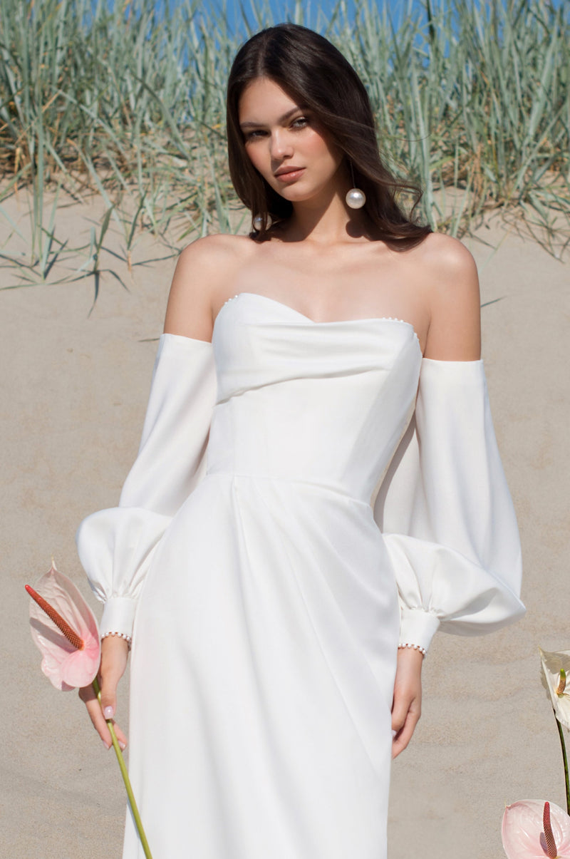 Minimalist Strapless  Wedding Dress with Removable Sleeves