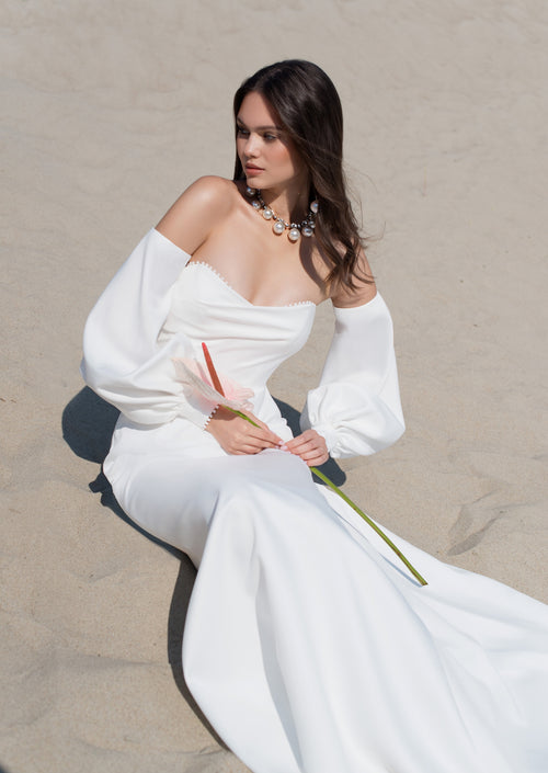 Minimalist Strapless  Wedding Dress with Removable Sleeves