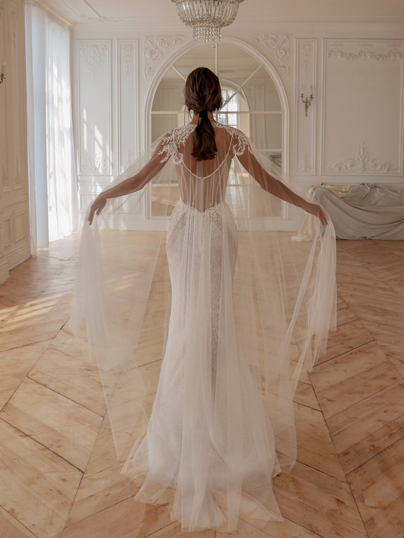 Lace Fit-and-Flare Wedding Dress with Euro Tulle Cape | Divine Grace C HAREM's Brides Lace Fit-and-Flare Wedding Dress with Euro Tulle Cape | Divine Grace C HAREM's Brides