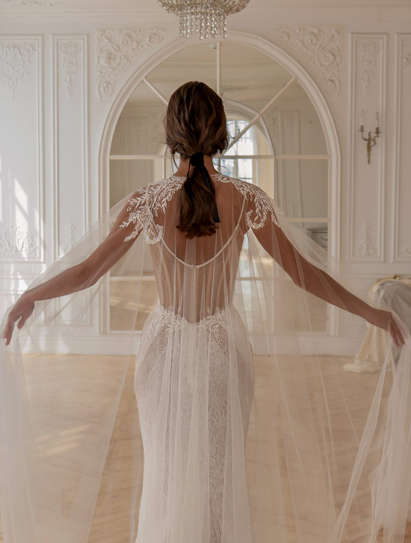 Lace Fit-and-Flare Wedding Dress with Euro Tulle Cape | Divine Grace Couture EU36 Lace Fit-and-Flare Wedding Dress with Euro Tulle Cape | Divine Grace Couture EU36