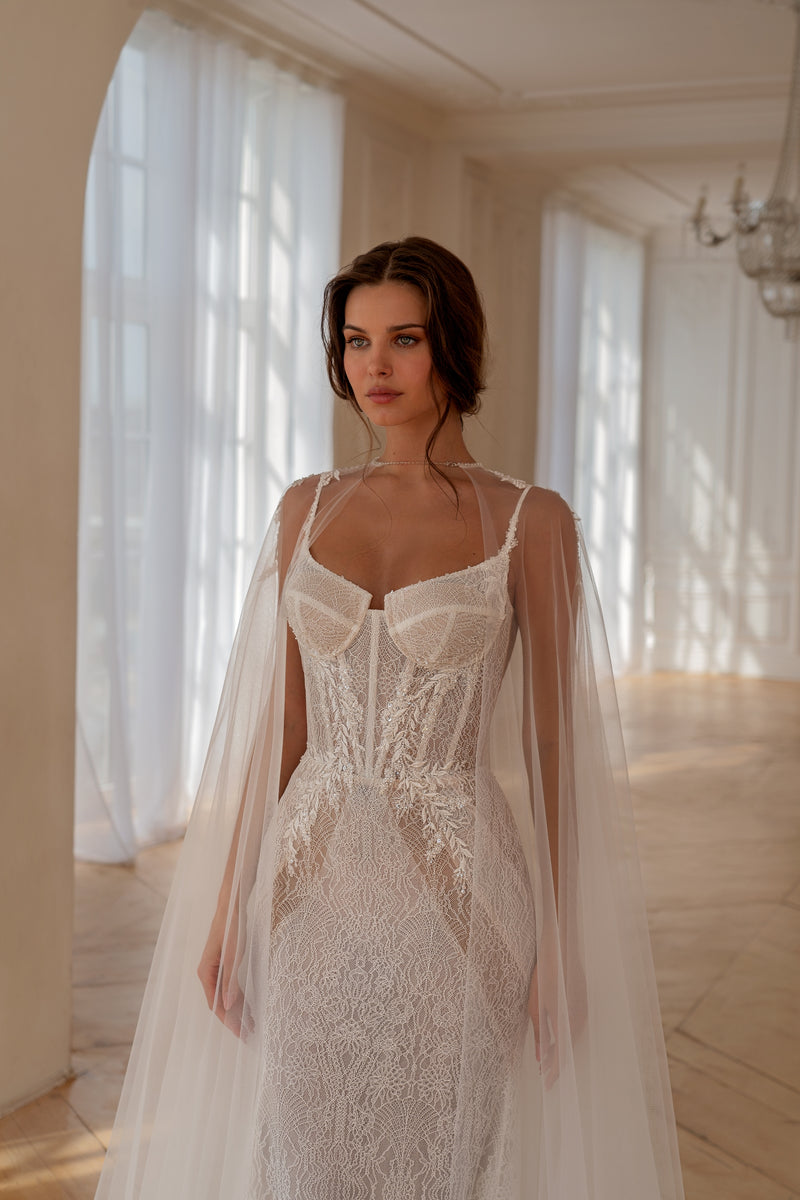 Lace Fit-and-Flare Wedding Dress with Euro Tulle Cape | Divine Grace Couture EU36 Lace Fit-and-Flare Wedding Dress with Euro Tulle Cape | Divine Grace Couture EU36