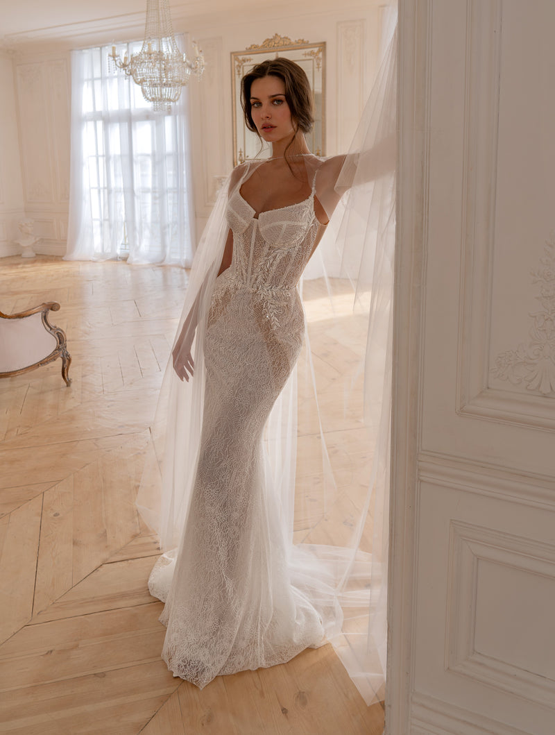 Lace Fit-and-Flare Wedding Dress with Euro Tulle Cape