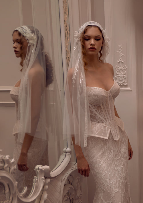 Glamorous Lace Corset Bridal Gown with Draped Veil | Whispered Devotion