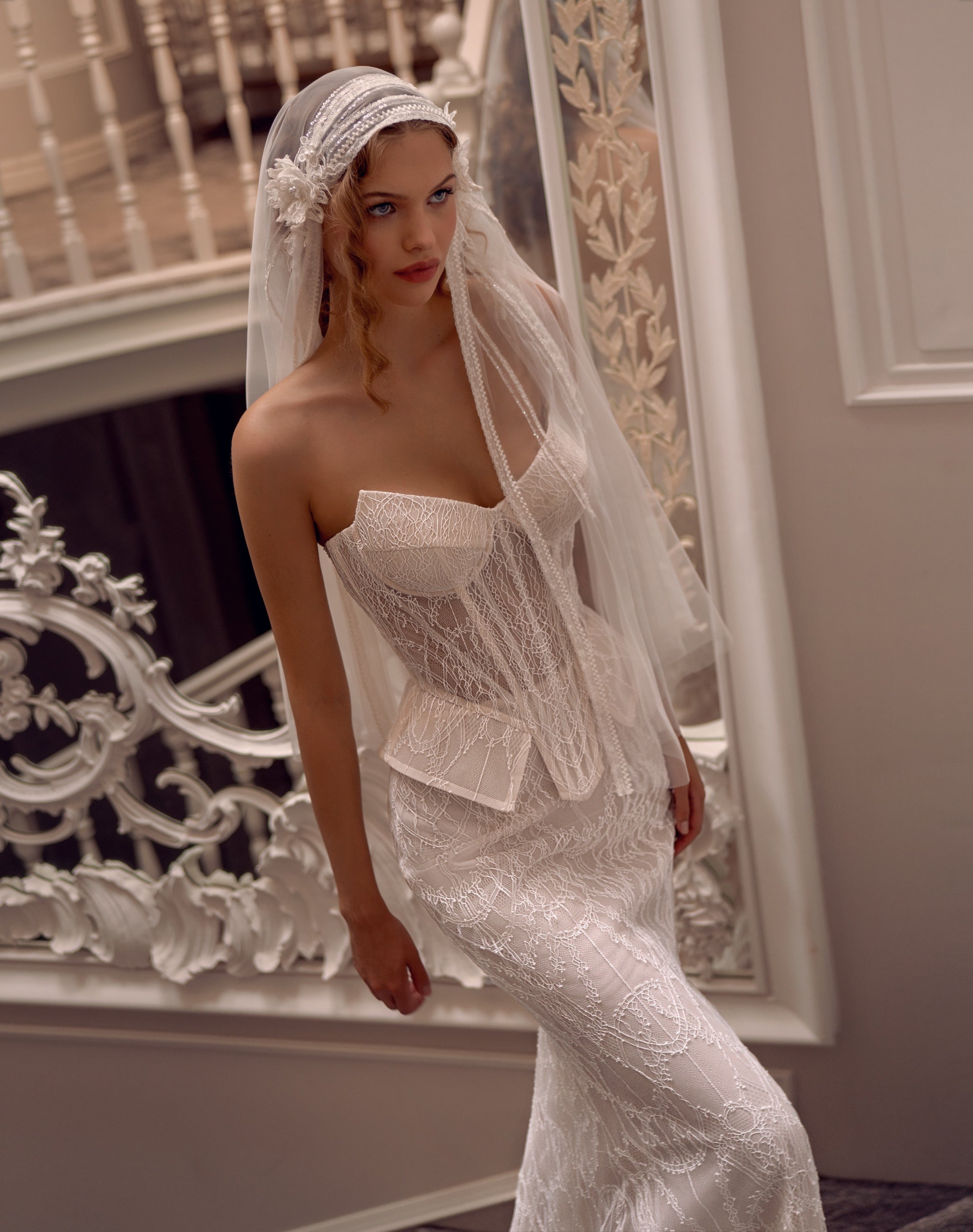 Glamorous Lace Corset Bridal Gown with Draped Veil | Whispered Devotion Glamorous Lace Corset Bridal Gown with Draped Veil | Whispered Devotion