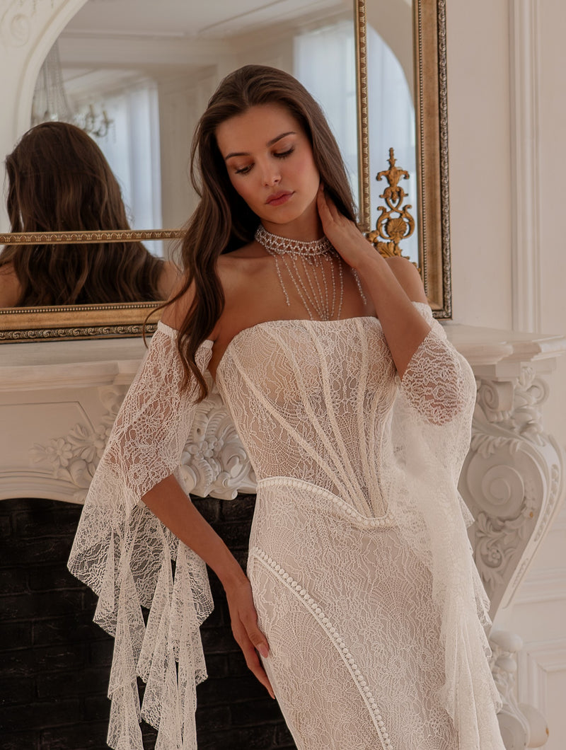 Lace Off-Shoulder Mermaid Wedding Dress with Tiered Sleeves | Enchanted Elegance Couture Off-white / EU42 Lace Off-Shoulder Mermaid Wedding Dress with Tiered Sleeves | Enchanted Elegance Couture Off-white / EU42