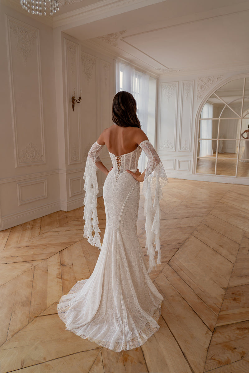 Lace Off-Shoulder Mermaid Wedding Dress with Tiered Sleeves | Enchante   HAREM's Brides