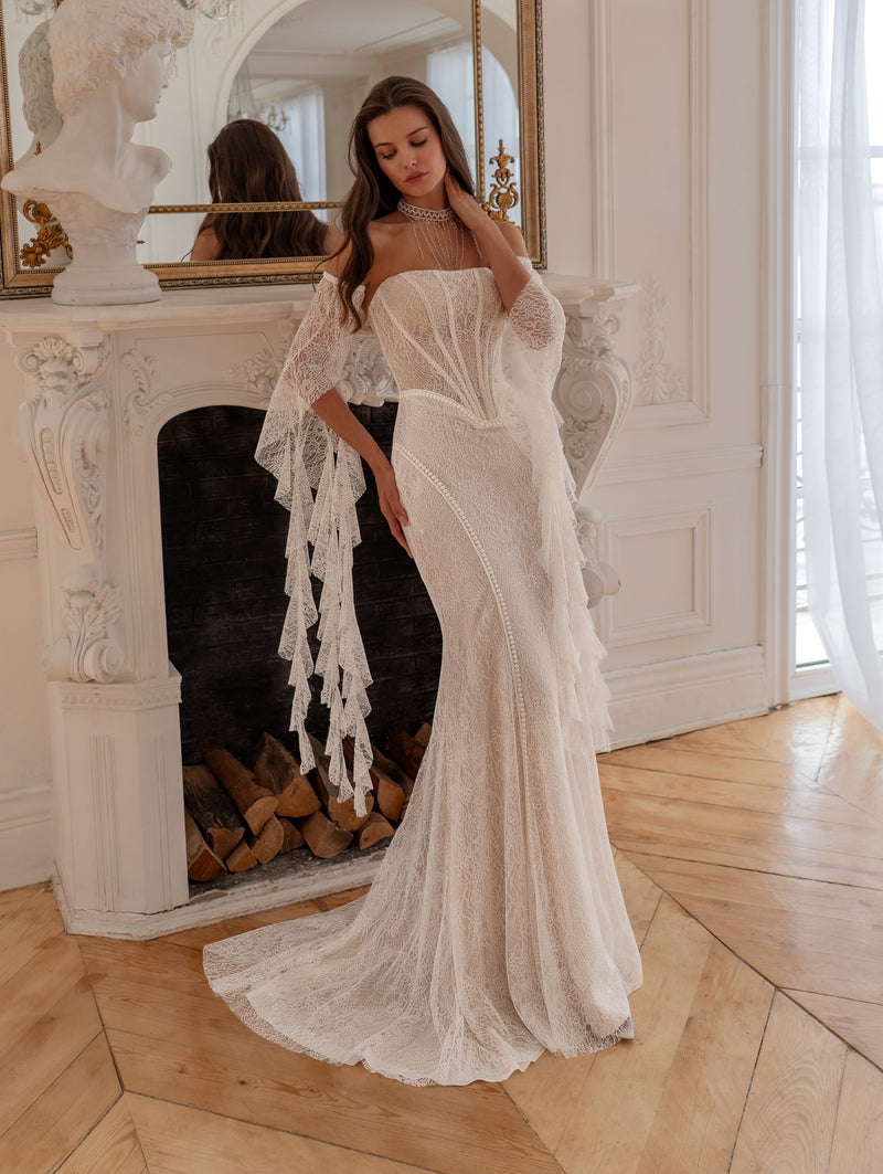 knee length dresses for ladies Lace Off-Shoulder Mermaid Wedding Dress with Tiered Sleeves