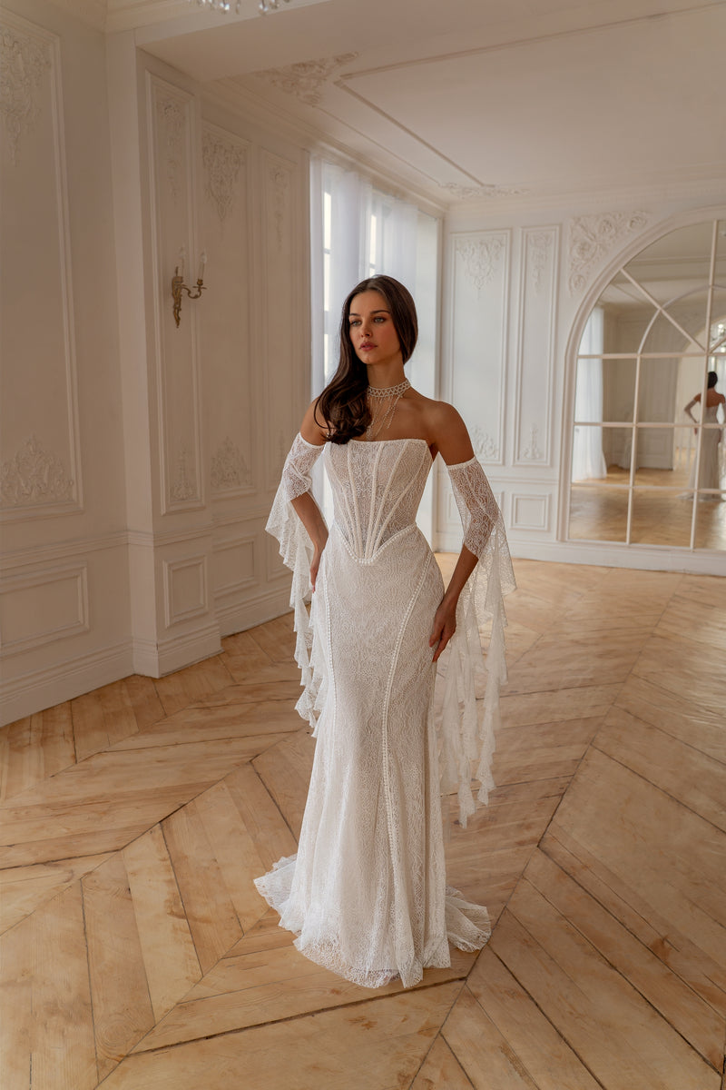 Lace Off-Shoulder Mermaid Wedding Dress with Tiered Sleeves | Enchanted Elegance Couture Off-white / EU42 Lace Off-Shoulder Mermaid Wedding Dress with Tiered Sleeves | Enchanted Elegance Couture Off-white / EU42