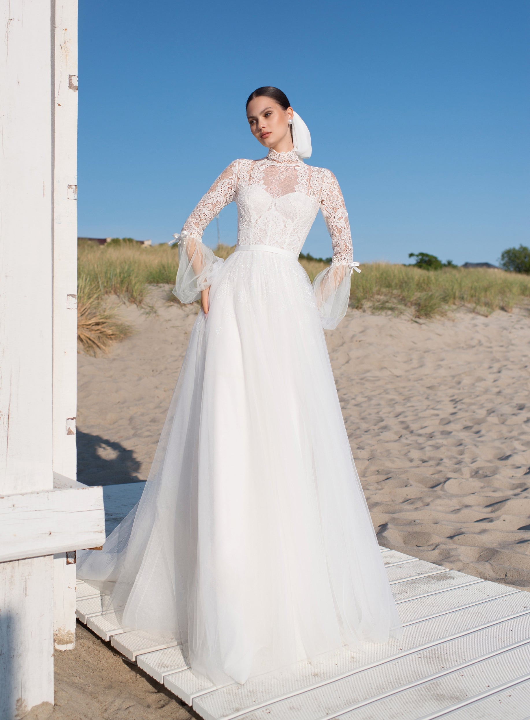 wedding dresses with long sleeves and high neck Elegant High Neck Long Sleeve A-Line Wedding Dress – HAREM's Brides