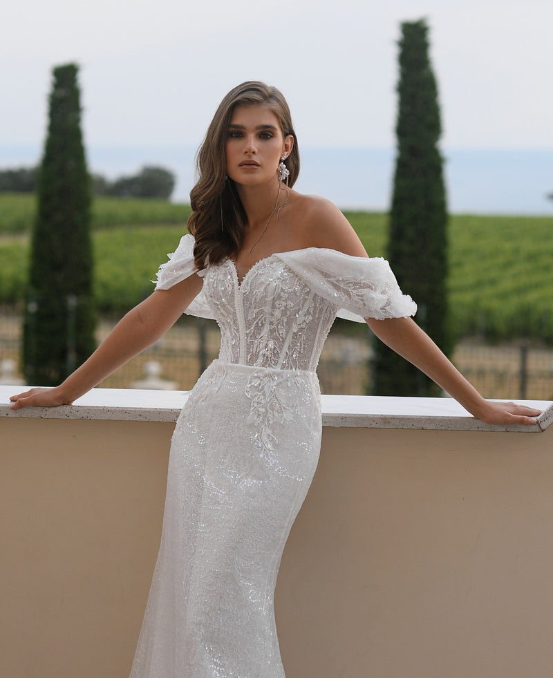 Off-Shoulder Glitter Mermaid Wedding Dress – HAREM's Brides Off-Shoulder Glitter Mermaid Wedding Dress – HAREM's Brides