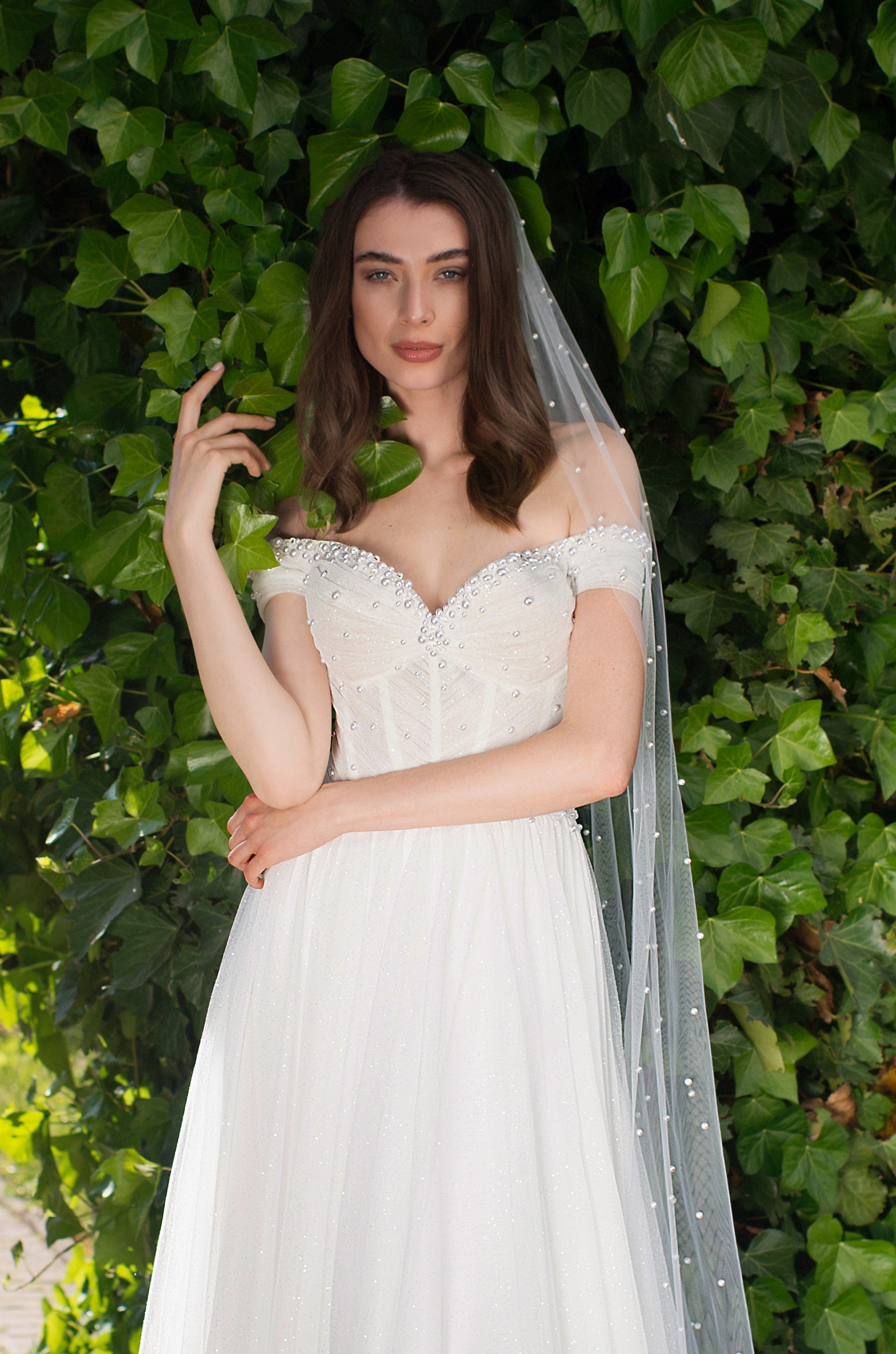 pearl off the shoulder dress Ethereal Off-Shoulder Sequin Bridal Gown with Pearl Embellishments and Long Sheer Sleeves Plus Size Size 6