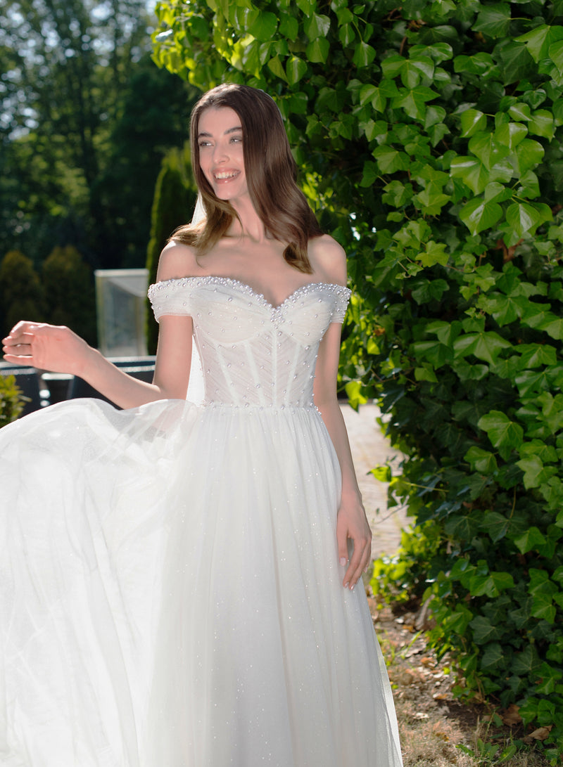 Off-Shoulder Sheath Wedding Dress with Pearls