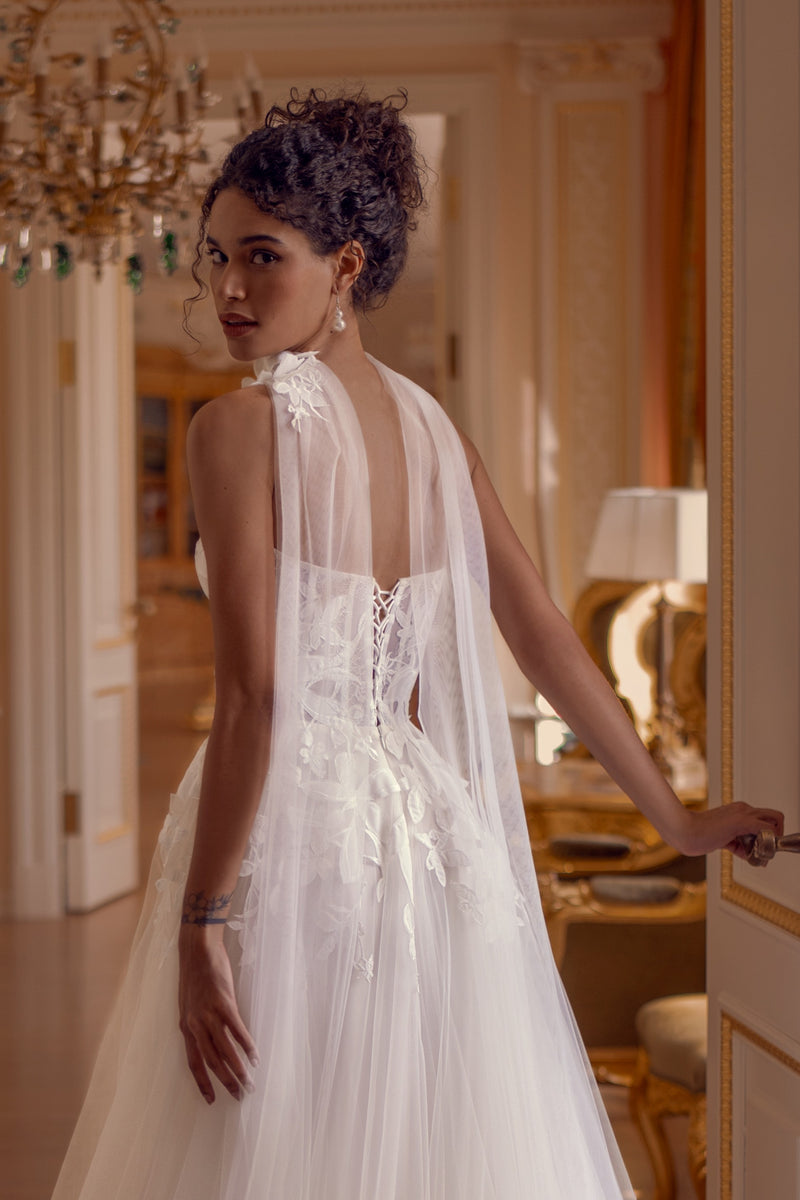 Strapless Floral Lace A-Line Wedding Dress with Sheer Tulle Scarf | Poetic Bloom Strapless Floral Lace A-Line Wedding Dress with Sheer Tulle Scarf | Poetic Bloom