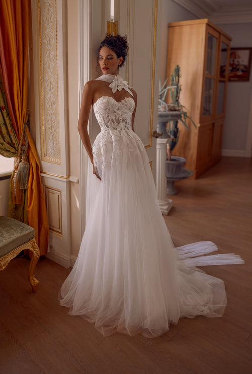 Strapless Floral Lace A-Line Wedding Dress with Sheer Tulle Scarf | Poetic Bloom