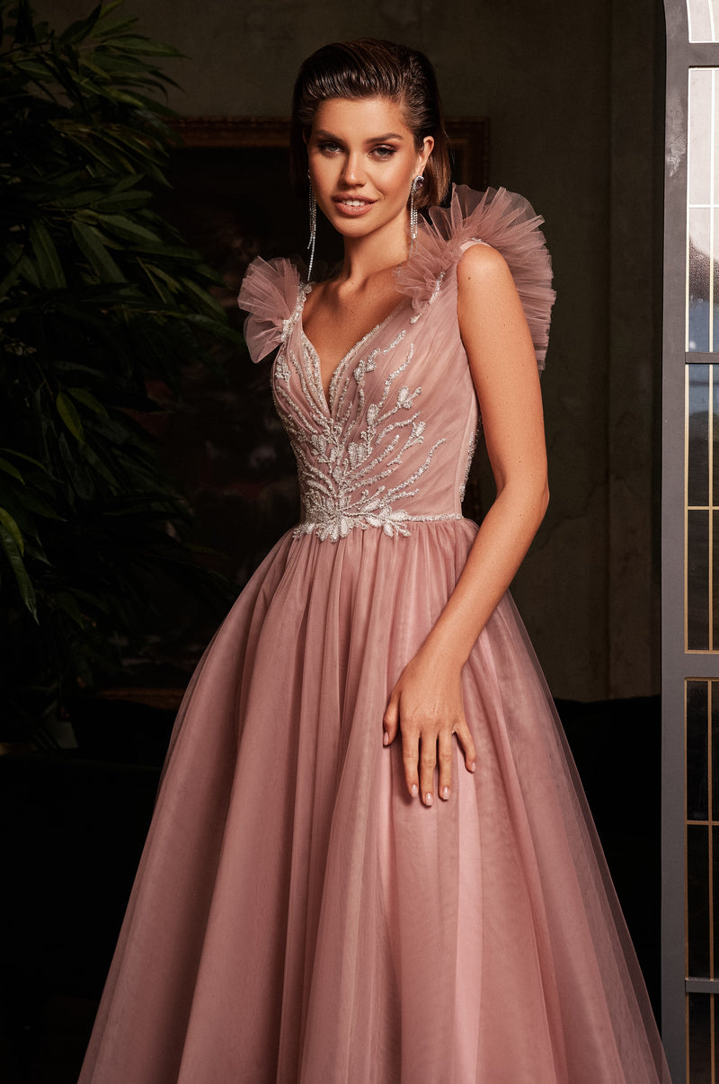 V-Neck Long Evening Gown with Unique Wings