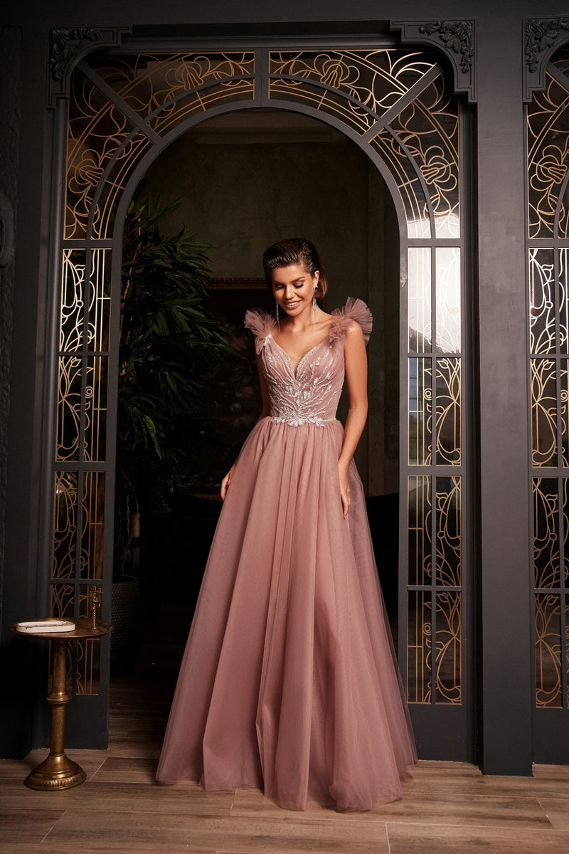 V-Neck Long Evening Gown with Unique Wings