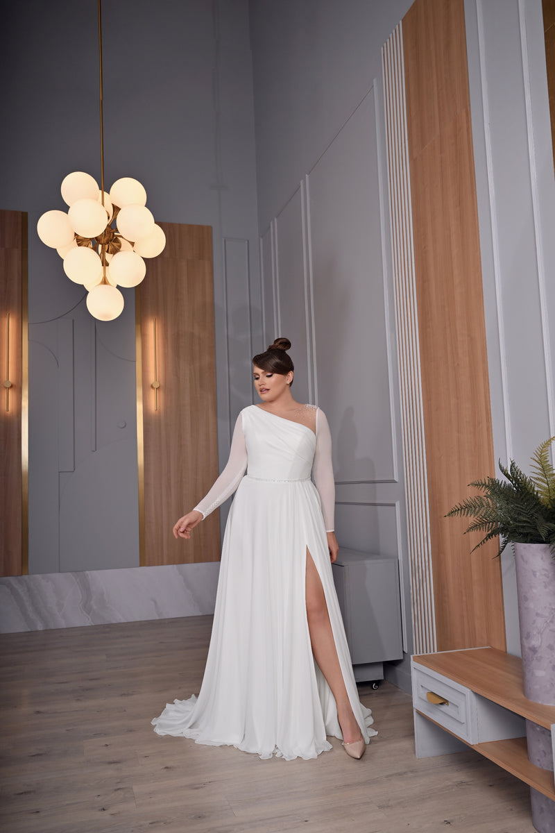 Superbe robe de mariée trapèze à manches longues et grande taille