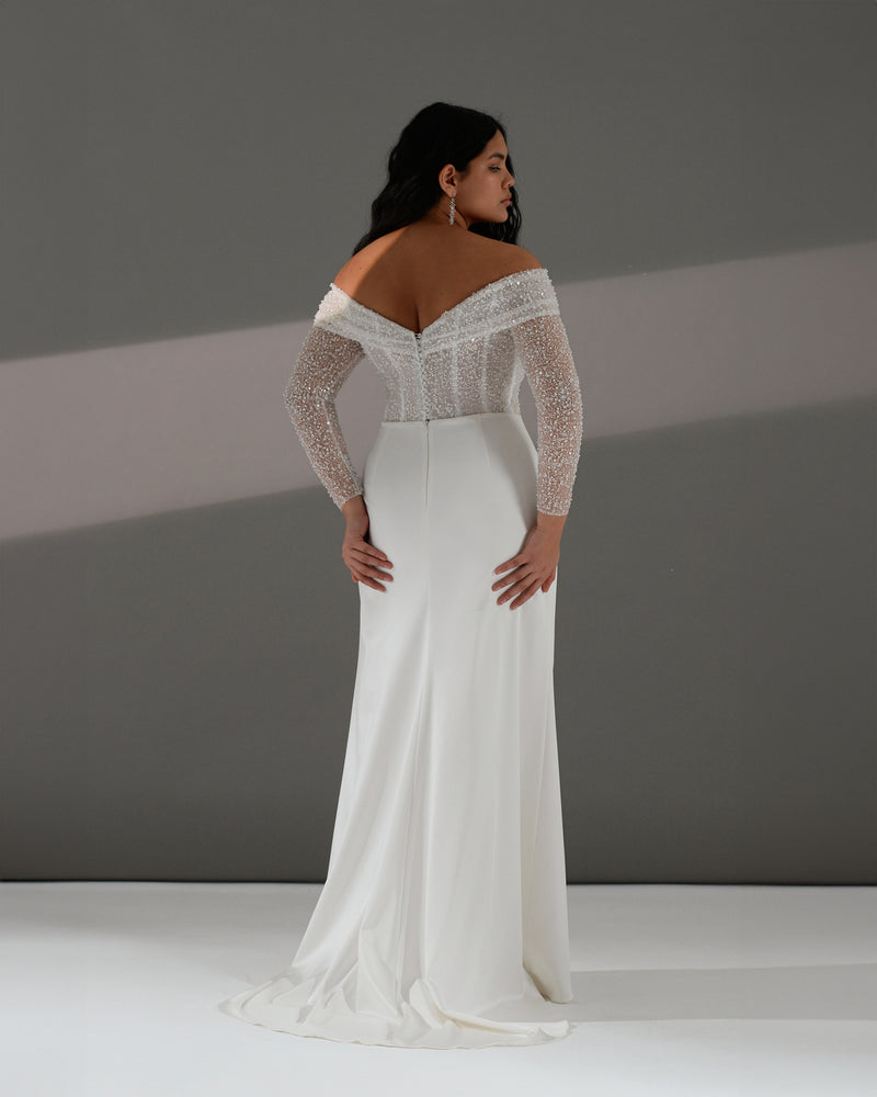 Off-The-Shoulder Glitter Sheath Wedding Dress