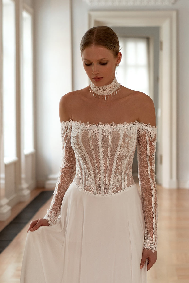Off-Shoulder Bohemian A-Line Wedding Dress with Choker HAREM's Brides Off-Shoulder Bohemian A-Line Wedding Dress with Choker HAREM's Brides