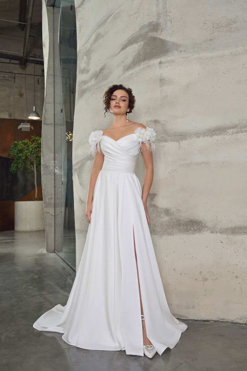 A-Line Off-the Shoulder Wedding Dress with Beautiful Shoulder Details