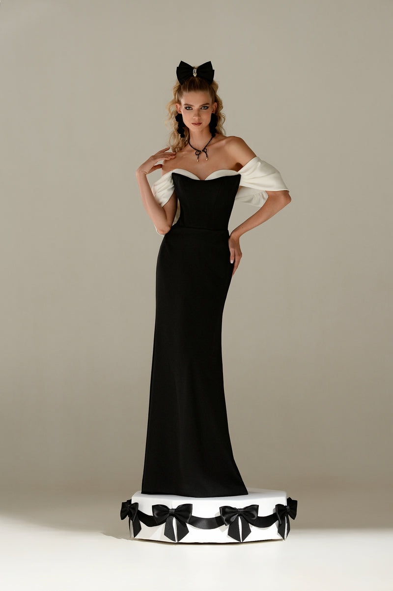 Black and White Off-the-Shoulder Maxi Dress HAREM's Brides Black and White Off-the-Shoulder Maxi Dress HAREM's Brides