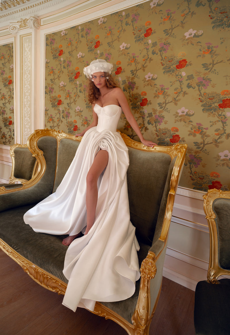 Strapless Mikado Corset Wedding Dress with Pleated Skirt