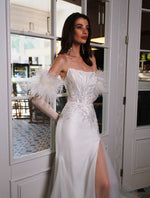Exquisito vestido de novia sirena sin tirantes con guantes extraíbles