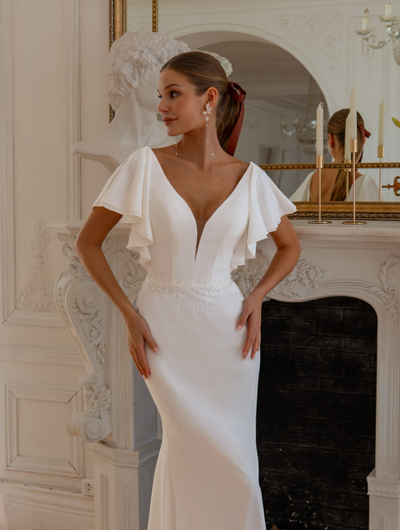 Georgette Crepe Sheath Wedding Dress with Ruffle Sleeves Georgette Crepe Sheath Wedding Dress with Ruffle Sleeves