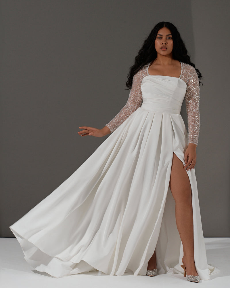 Long Sleeve A-Line Mikado Wedding Dress with Side Slit HAREM's Brides Long Sleeve A-Line Mikado Wedding Dress with Side Slit HAREM's Brides