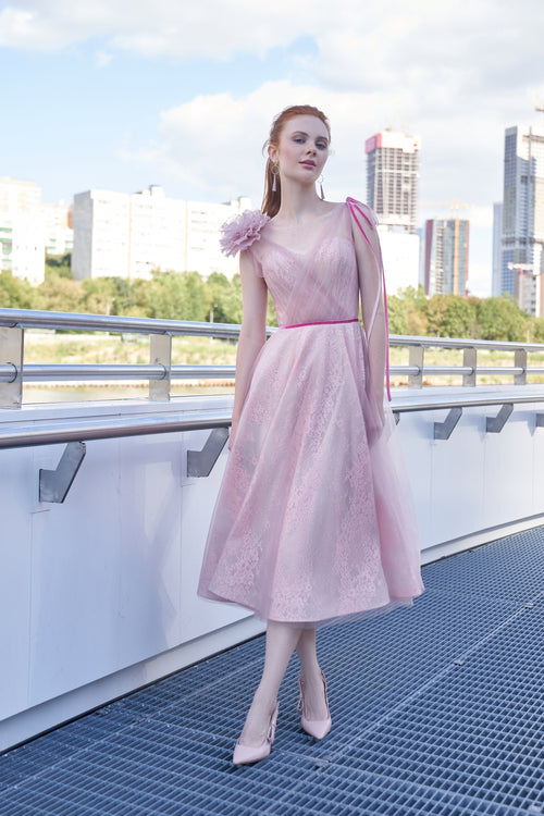 Beautiful  Powder Tulle Dress with a 3D Flower on the Shoulder