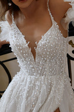Angelic A-Line Wedding Dress with Spaghetti Straps, High Slit and Removable Sleeves