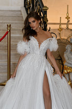 Angelic A-Line Wedding Dress with Spaghetti Straps, High Slit and Removable Sleeves
