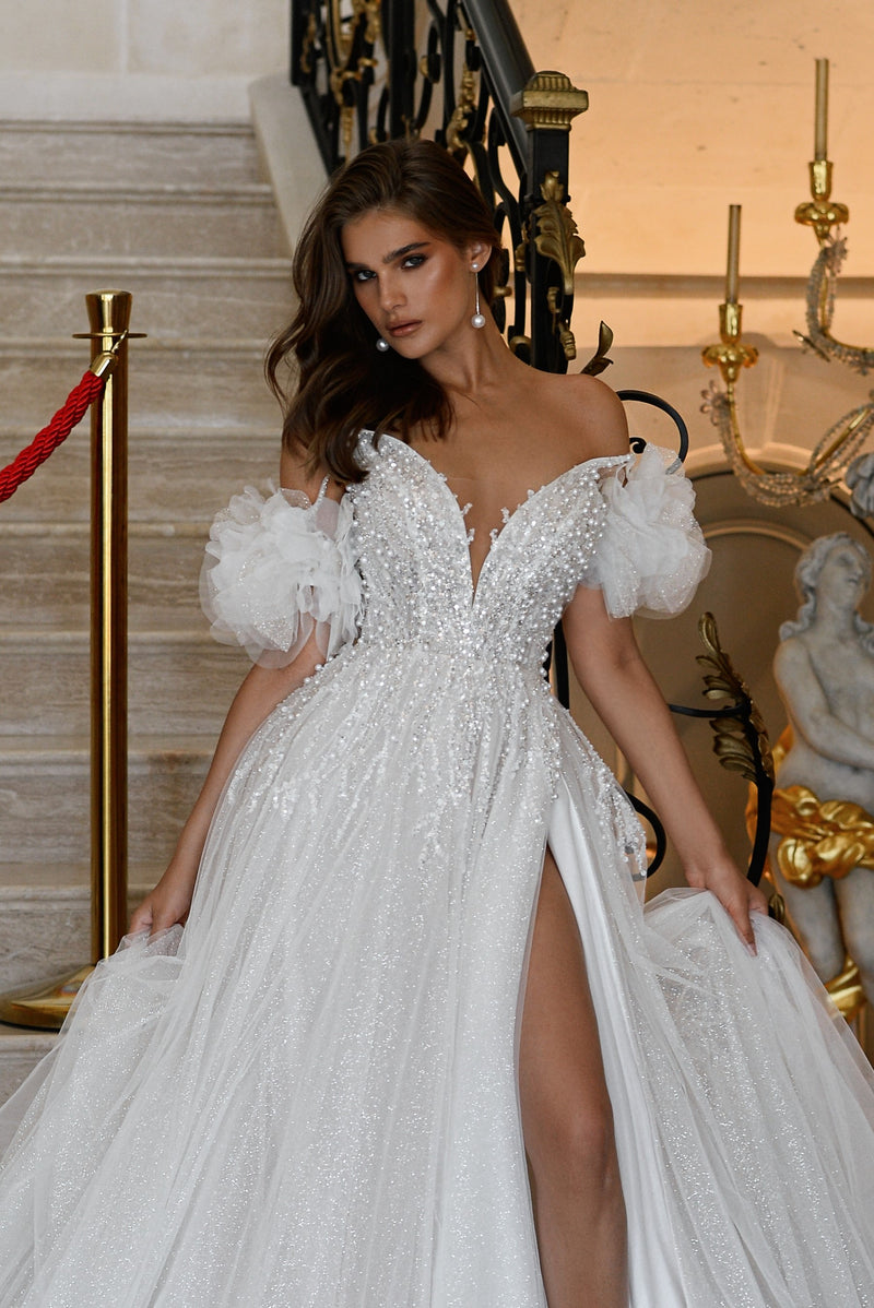 Angelic A-Line Wedding Dress with Spaghetti Straps, High Slit and Remo HAREM's Brides Angelic A-Line Wedding Dress with Spaghetti Straps, High Slit and Remo HAREM's Brides