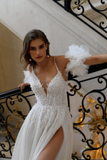 Angelic A-Line Wedding Dress with Spaghetti Straps, High Slit and Removable Sleeves