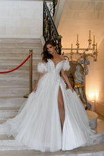 Angelic A-Line Wedding Dress with Spaghetti Straps, High Slit and Removable Sleeves