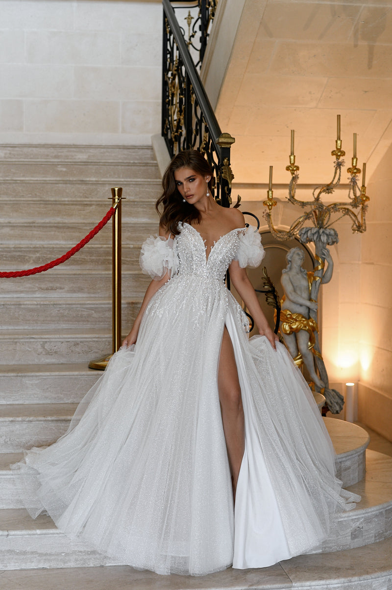 Angelic A-Line Wedding Dress with Spaghetti Straps, High Slit and Removable Sleeves