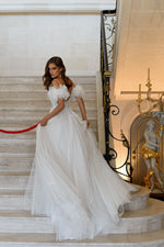 Angelic A-Line Wedding Dress with Spaghetti Straps, High Slit and Removable Sleeves