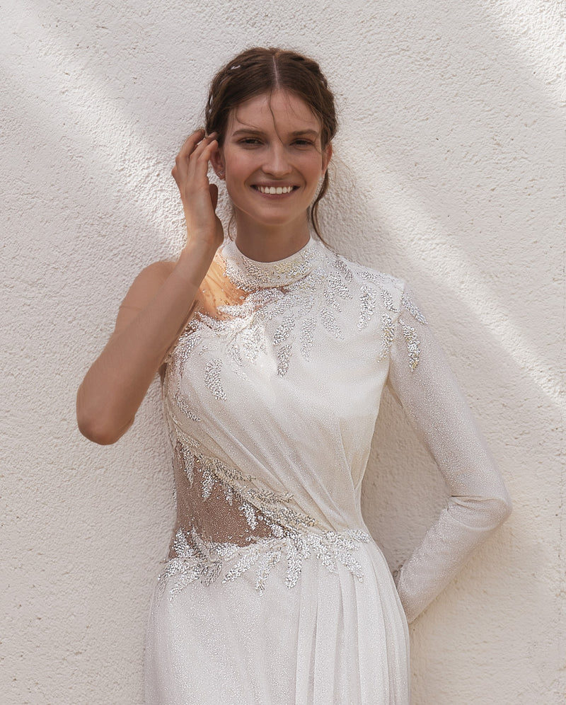 lace wedding dress one shoulder Plus Size Off One Shoulder Wedding Dress with Long Sleeves - Aline Wedding Dress with Lace Sleeves and Side Slit