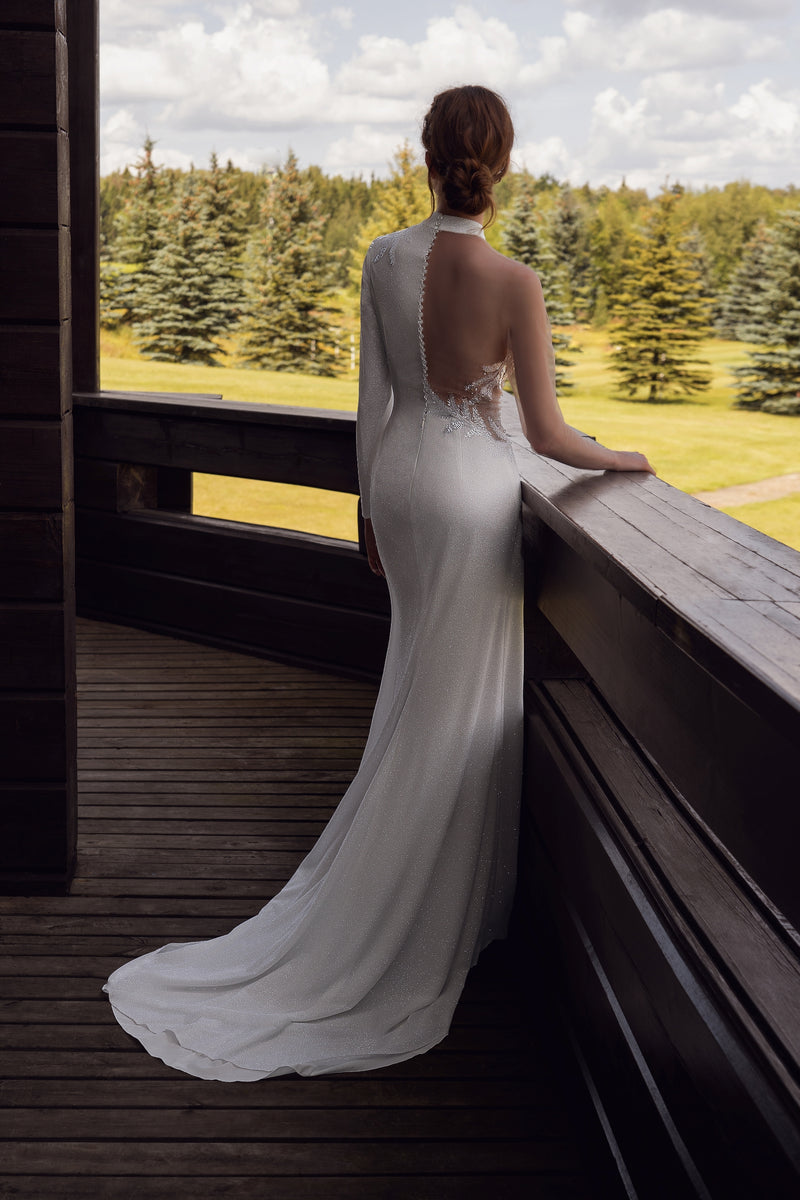 one shoulder couture wedding dress White One Shoulder High Slit Bridal Dress JB37601